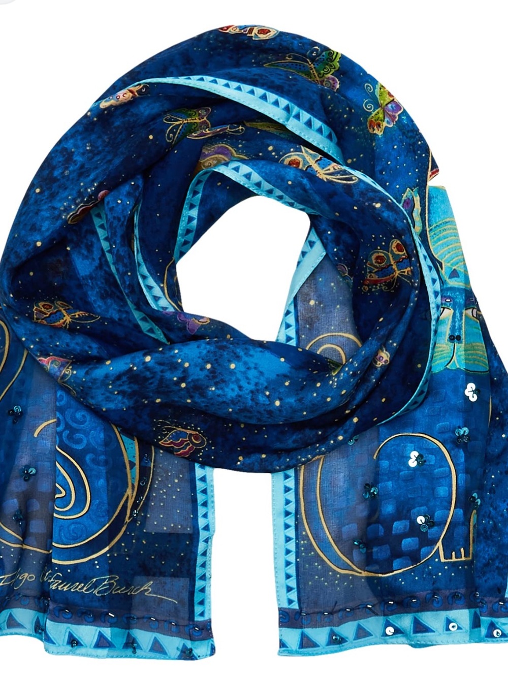 Laurel Burch Indigo Cats & Butterflies 100% Silk Sequin Scarf